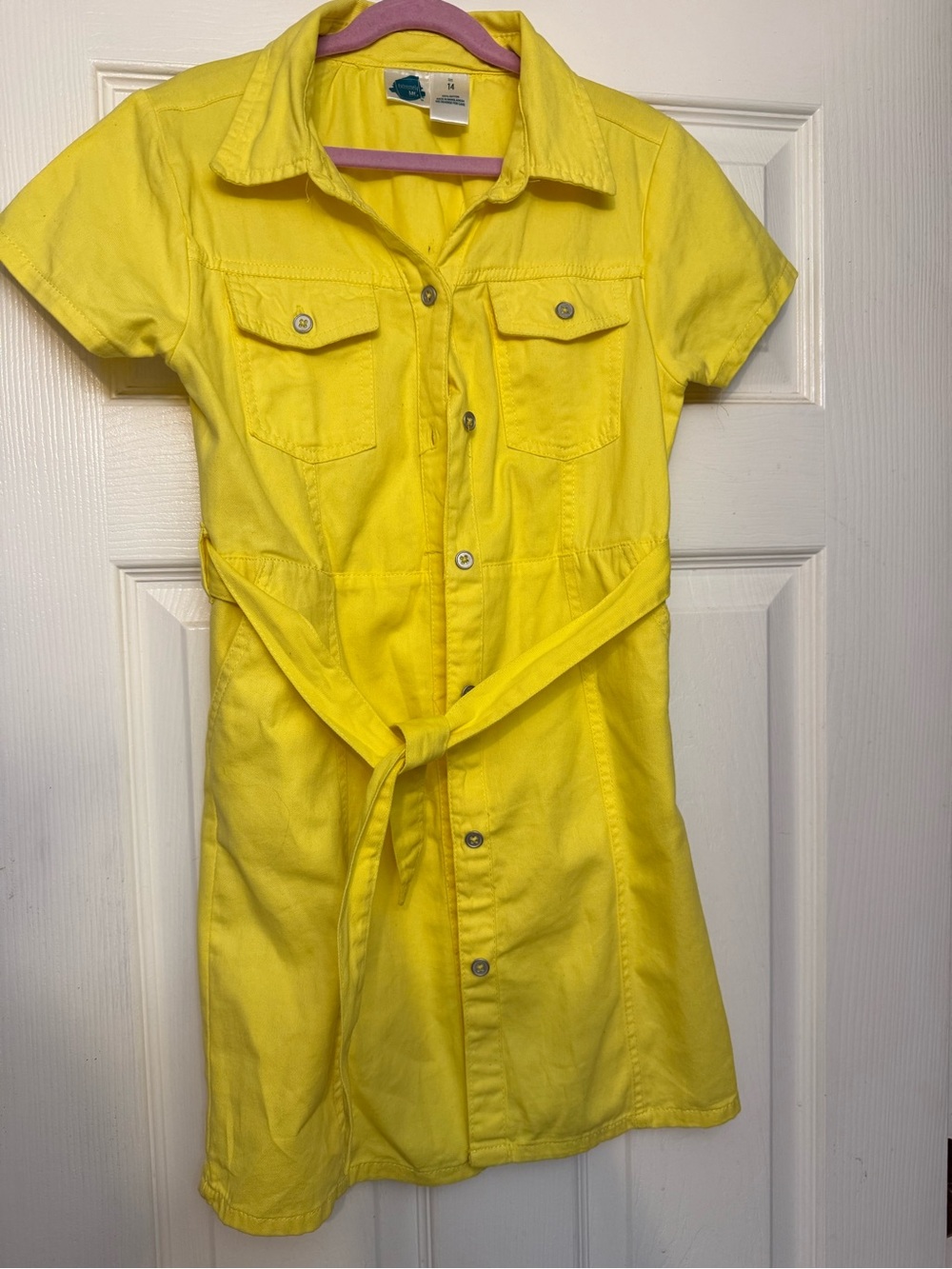 Girls' Bright Yellow Button-Front Shirt Dress with Waist Tie